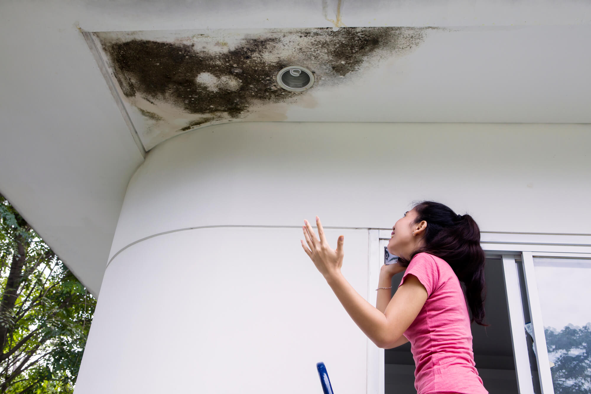 woman concerned about damaged and moldy roof that needs water damage restoration