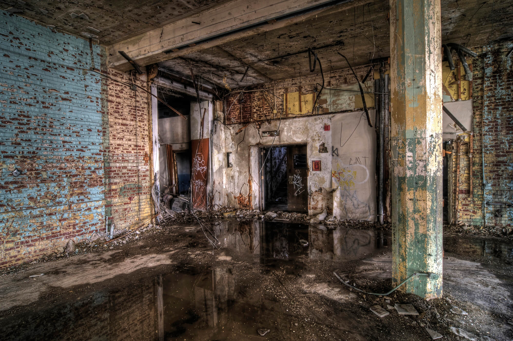 building with water damage in need of storm damage restoration